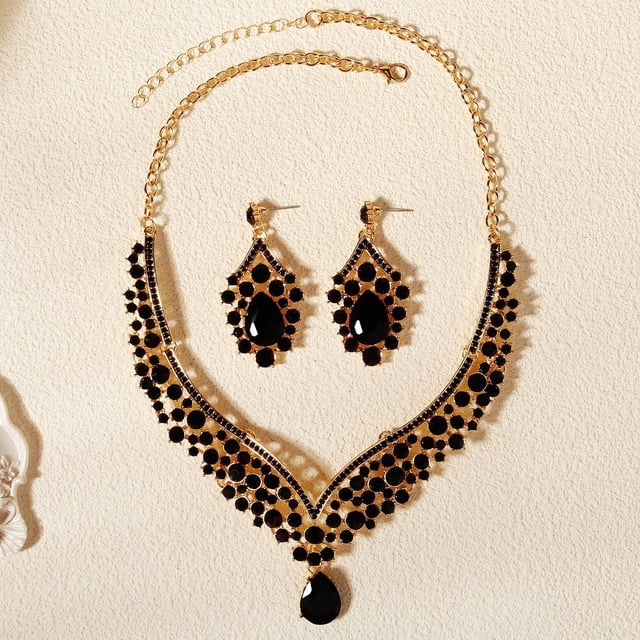 Xiao Hua 1 juego de pendientes de novia, collar, joyería de diamantes de imitación en forma de lágrima, conjunto de joyería geométrica ajustable, adecuado para bodas, negro