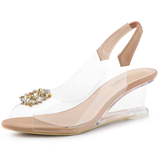 Sandalias Tacón De Cuña Transparentes Con Diamantes De Imitación Para Mujer Allegra K Desnudo 41
