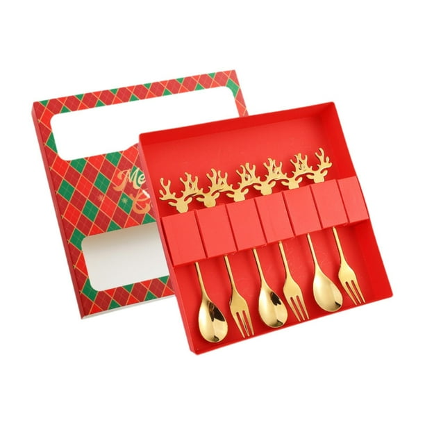Juego de 6 cucharas y tenedores navideños para postres y vajilla navideña. caja verde plateada