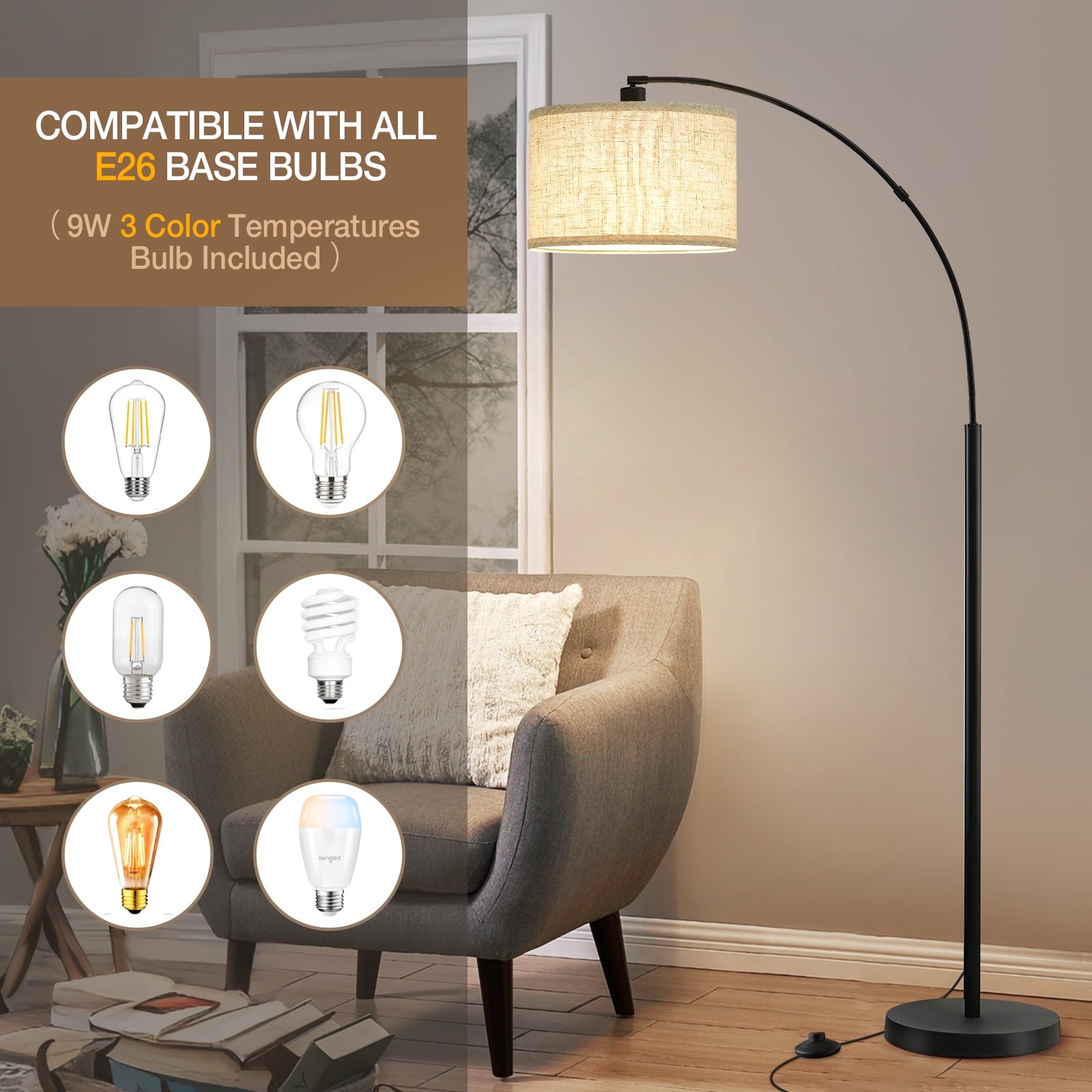 NATYSWAN 71" Arc Floor Lamp with Adjustable Head, Foot Switch & 3 Color Temperatures, Standing Reading Light for Living Room Bedroom Office