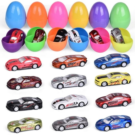 Fun Little Toys 12 PCs Easter Eggs Prefilled with Diecast Cars, Toy Vehicles for Easter Party Favors, Easter Basket Stuffers, Goodie Bags Fillers