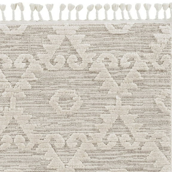 8' Ivory Beige Machine Woven Geometric With Fringe Indoor Runner Rug