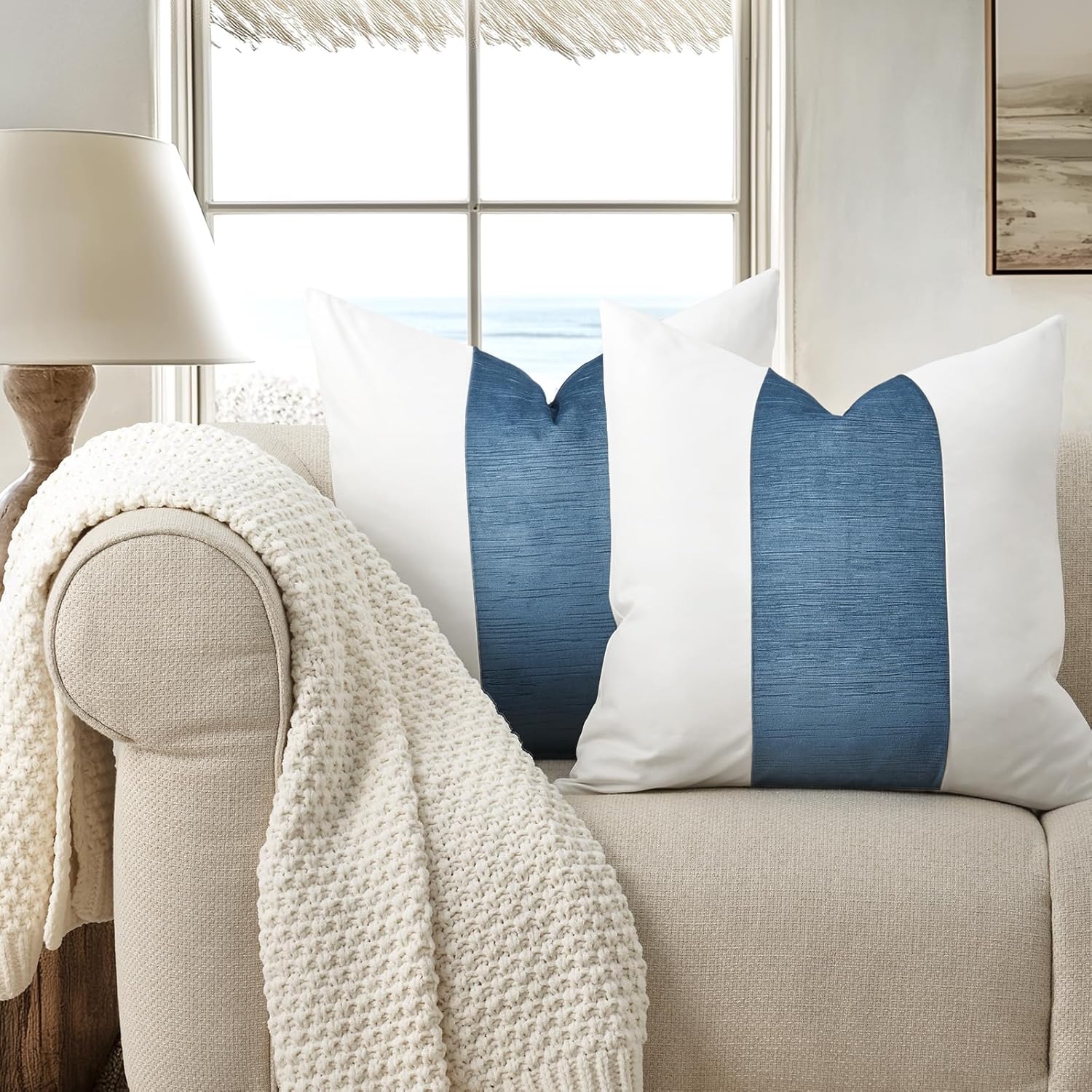 EVERGRACE Walsh Signature Velvet Panel Cotton Pillow Covers Set of 2, Decorative Pillow Covers 22"x22" for Couch, Square Cushion Cases for Sofa Bedroom Living Room, Blue Topaz