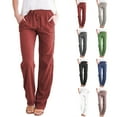 thumbnail image 4 of Women Fashion Casual Loose Pants Plus Size Cotton Linen Solid Mid Elastic Waist Pockets Long Straight Leg Pants, 4 of 5