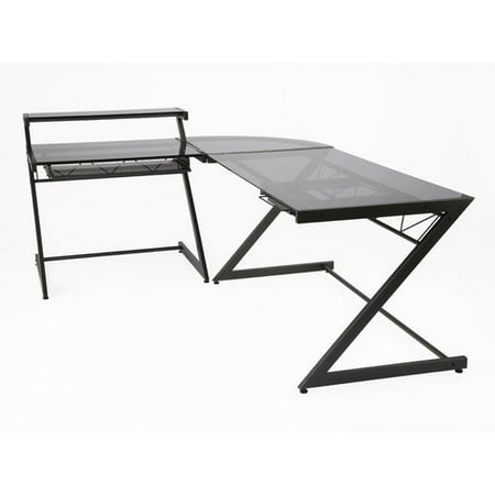 Euro Style Z Deluxe Small Desk with Shelf - Graphite Black / Smoked Glass
