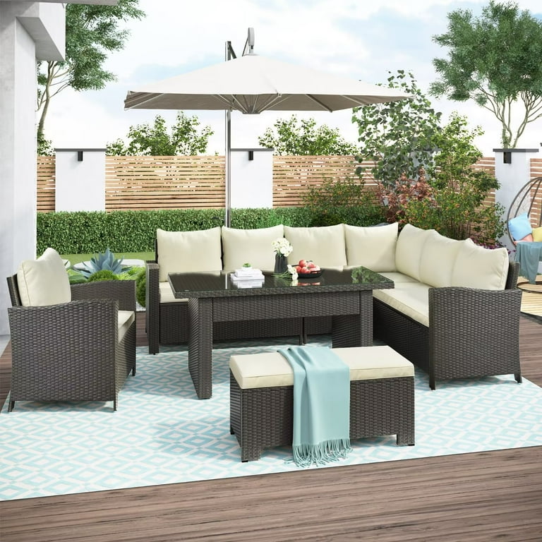 6 Piece Patio Furniture Set Outdoor L shaped Sofa and Table Set