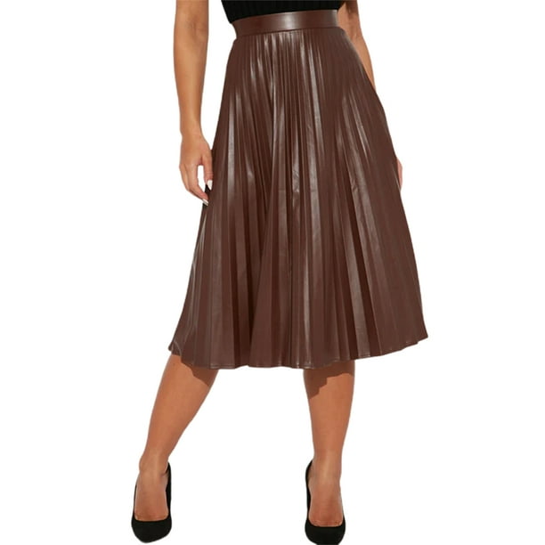 Caitzr Women's Faux Leather Midi Skirt, High Waist Solid Color Zip Up ...