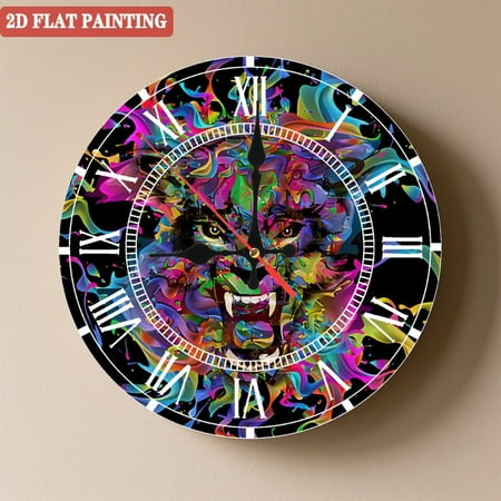 Wooden Wall Clock with Vibrant Colorful Wolf Head Roman Numerals for Artistic Home Decor, Battery Operated(AA Batteries Not Inclued), Silent Movement, Accurate Time, Size 9. 8in/25cm