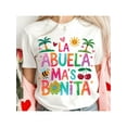 thumbnail image 1 of Women's Colorful Geometric Print T-Shirt - "La Abuela Mas Bonita" Design with Palm Trees, Hearts & Bees, Casual Round Neck Short Sleeve, Stretch, Machine Washable, Perfect for Summer, 1 of 6