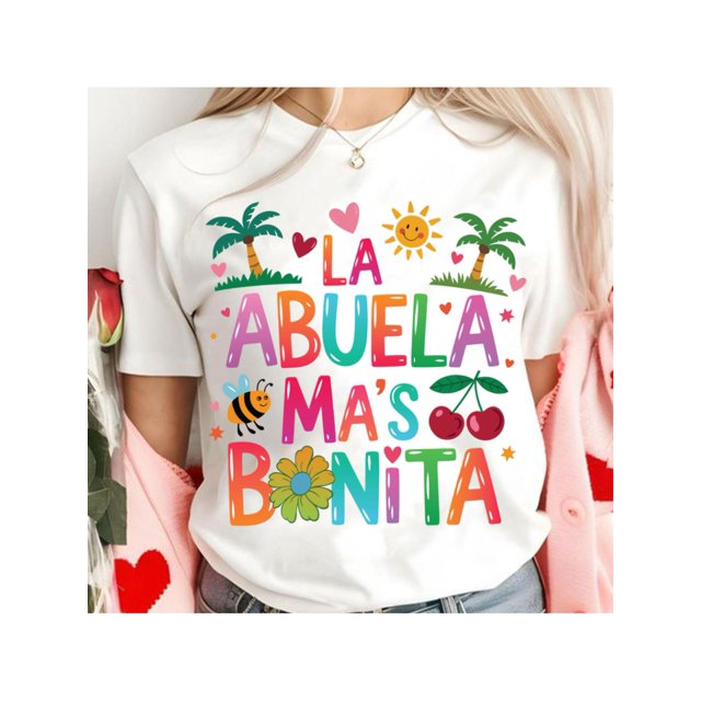 Women's Colorful Geometric Print T-Shirt - "La Abuela Mas Bonita" Design with Palm Trees, Hearts & Bees, Casual Round Neck Short Sleeve, Stretch, Machine Washable, Perfect for Summer