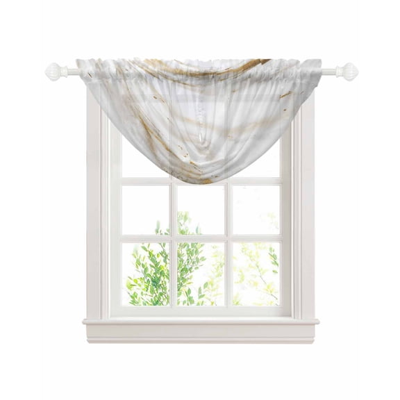 Abstract White Gold Sheer Waterfall Valance Curtains for Window, Simple Marble Geometric Rod Pocket Sheer Topper Swag Curtains for Living Room, Kitchen 38.5"W x 47.2"L, 1 Panel