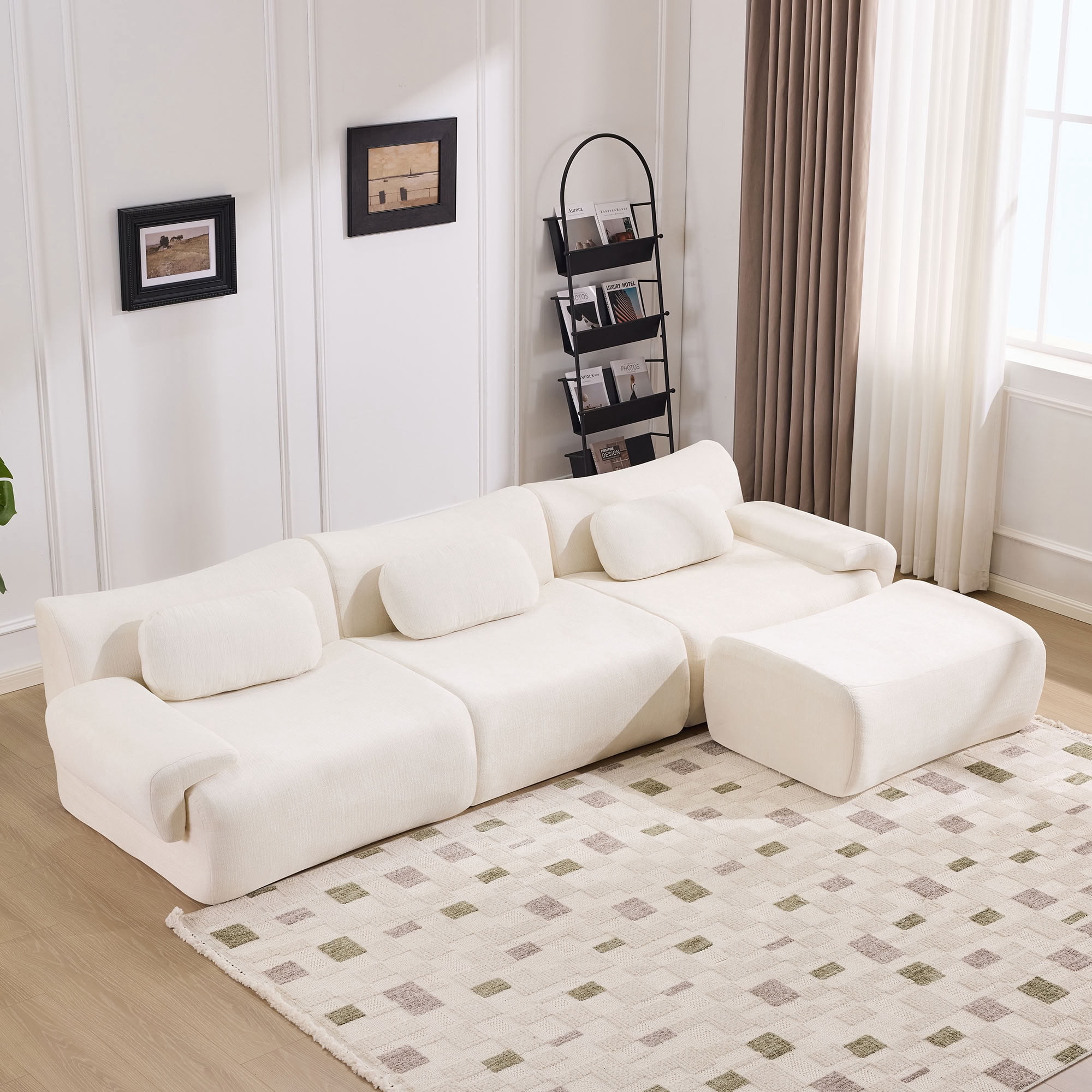 MAYEERTY 3+1 Seat Modular L-Shaped Sectional Sofa with Ottoman, Chenille Upholstered Deep Seat Couch with 3 Throw Pillows, No Assembly for Living Room Bedroom Apartment Small Spaces