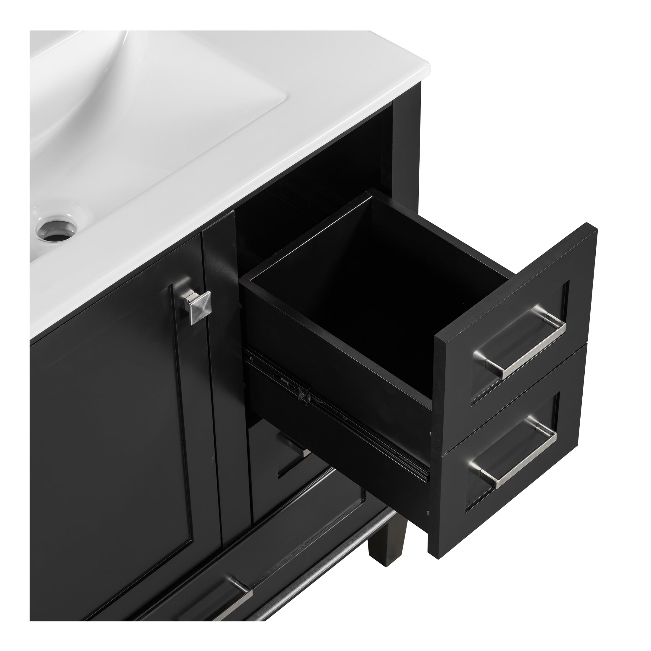 Nyveth Modern Bathroom Vanity with Ceramic Sink, Shelves, Drawers, Wood, Black