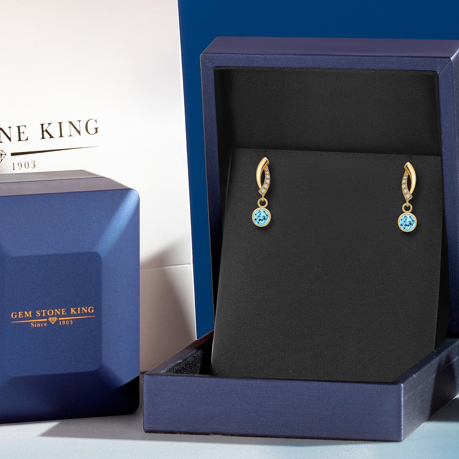 Gem Stone King 14K Yellow Gold Blue Apatite and Lab Grown Diamond Earrings for Women | 1.04 Cttw | Gemstone Birthstone | Round 5MM