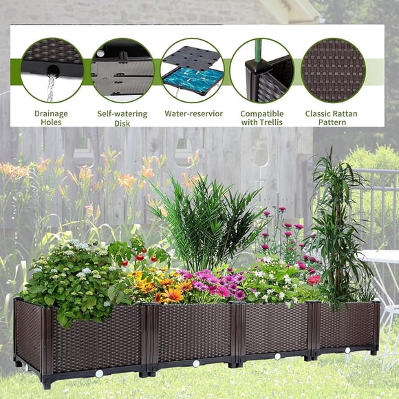 Self-Watering Planter – Large 63"x16" Raised Garden Bed – Deep Root, Drainage Plugs – Heat & Frost Resistant – Vegetables, Flowers & Herbs – Patio, Deck & Balcony – Brown