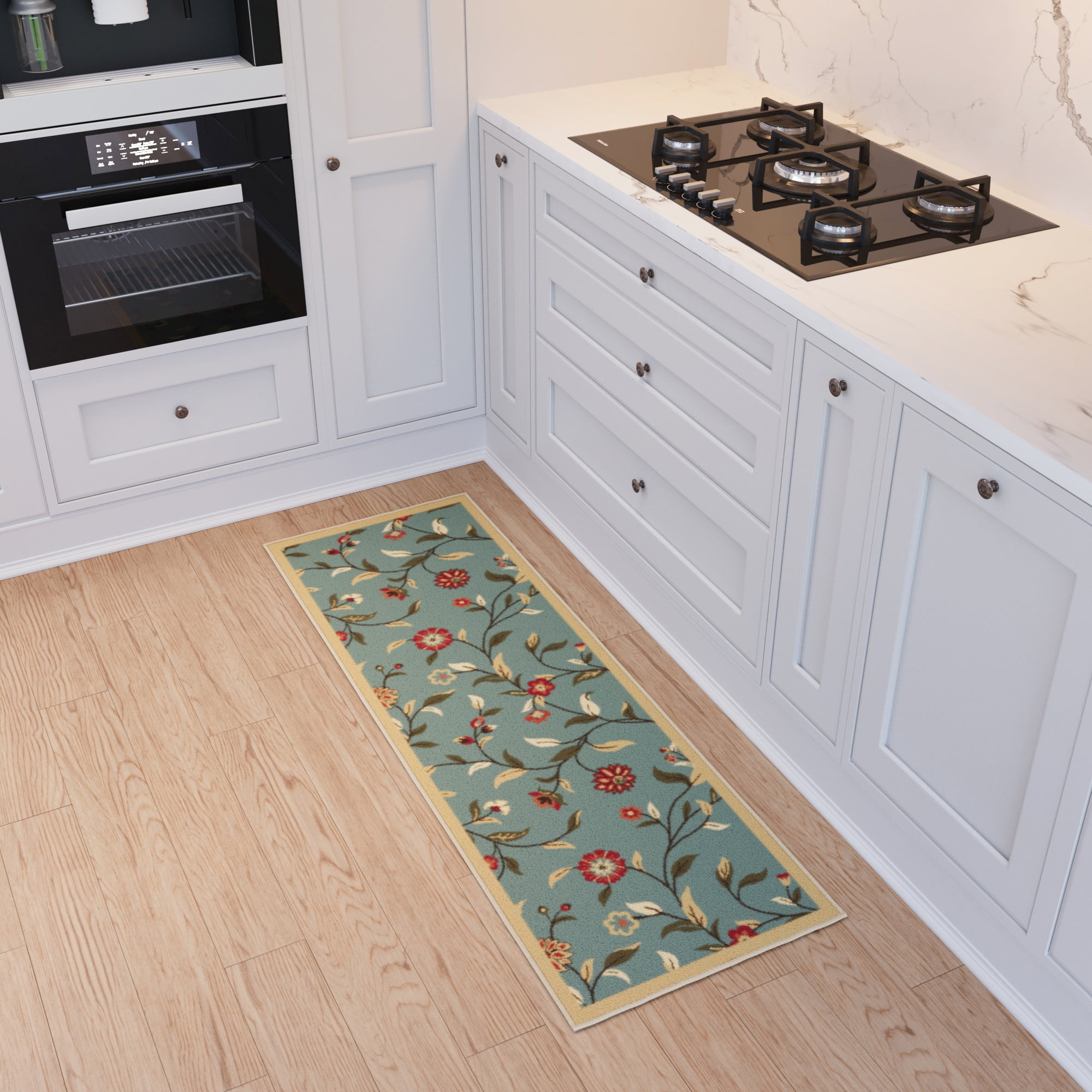 Ottomanson Floral Bathroom Runner Rug 20" x 59" - Non Slip Low Pile Carpet, Seafoam Green