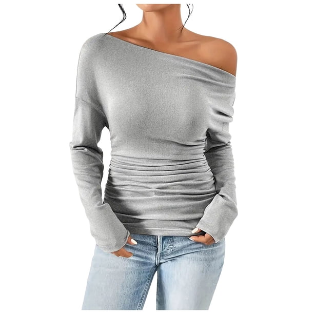 Blusa asimétrica con hombros descubiertos para mujer: camisa ajustada de manga larga con fruncidos para salir en otoño