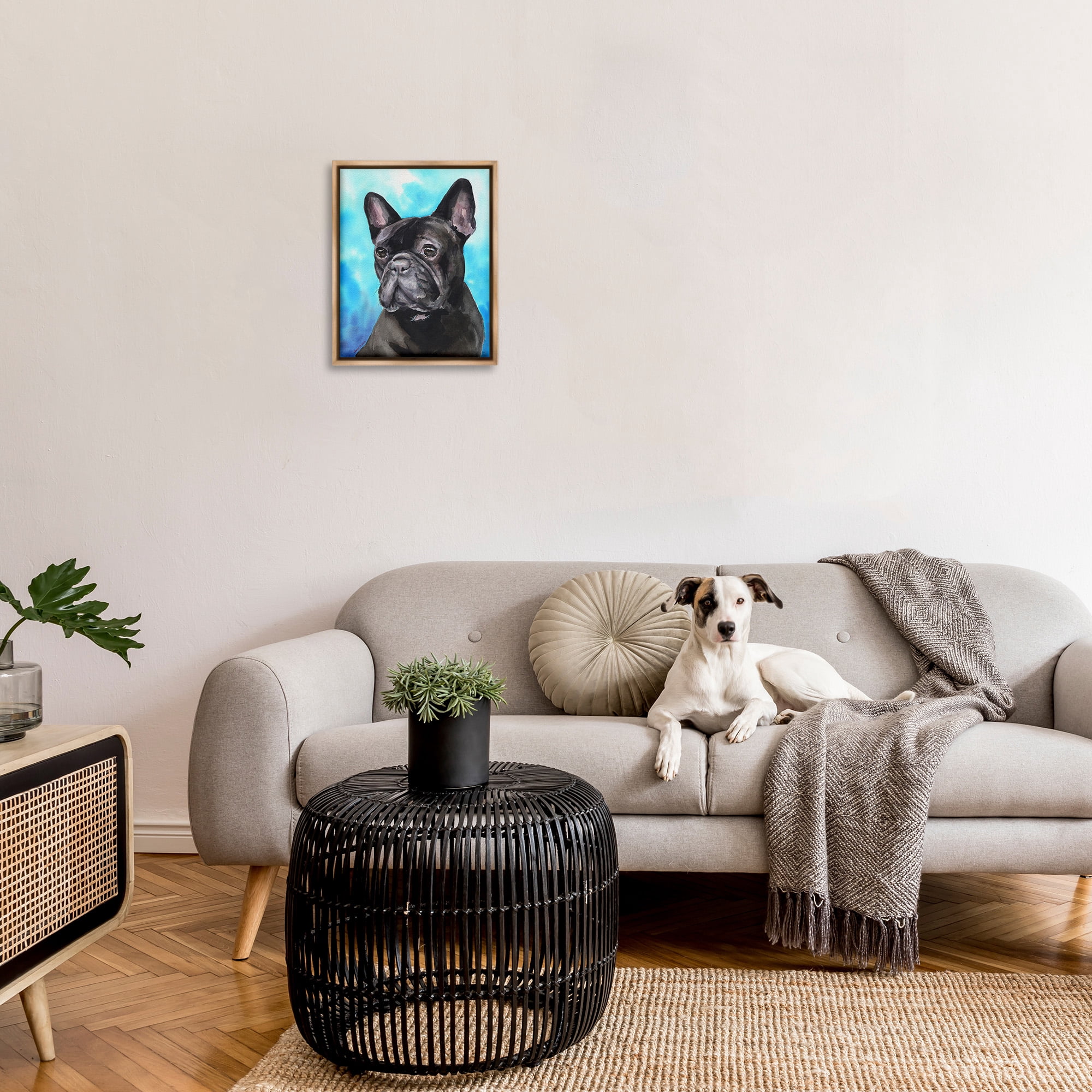 Stupell Industries French Bulldog on Blue Animals & Insects Painting Brown Floater Framed Canvas Art Print Wall Art, 17 x 21