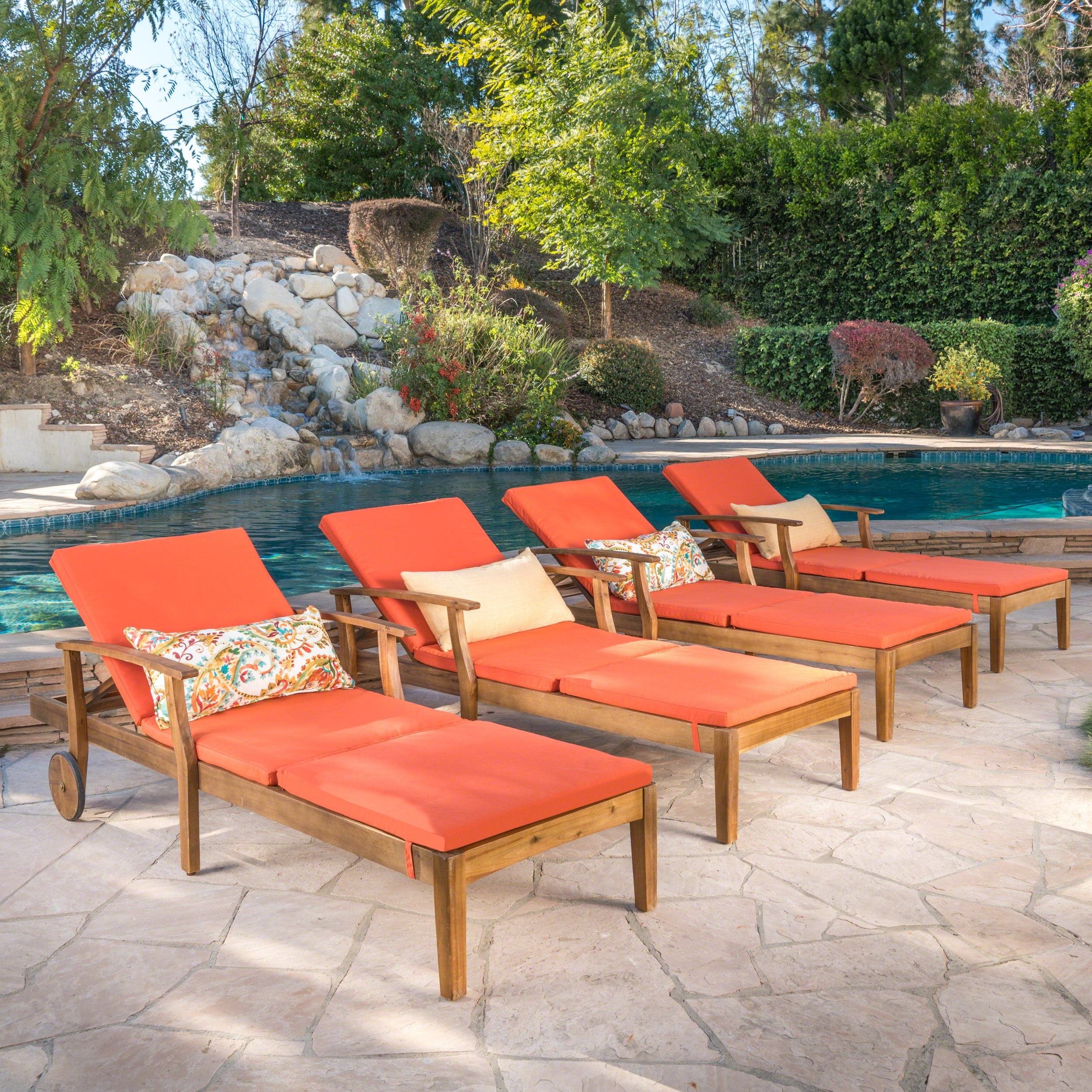 Mavis Outdoor Chaise Lounge With Cushion, Set of 4, Teak ...