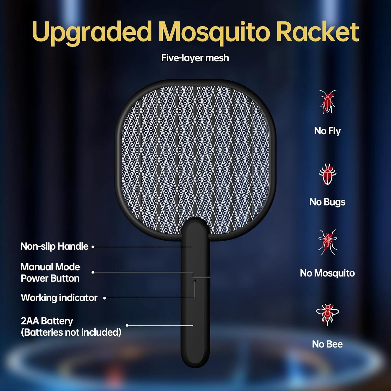 Electric Fly Swatter Bug Zapper: 3500V Mosquito Killer Racket with USB Rechargeable Insect Trap Pest Control Handheld Lightweight 5-Layer Safety Mesh for Indoor Home Office Backyard Patio Camping