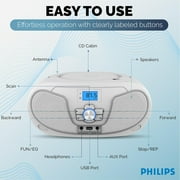 جهاز راديو محمول من Philips مزود بتقنية البلوتوث ومشغل أقراص مضغوطة قابل للتحميل من الأعلى وراديو FM وتشغيل USB وتعزيز الجهير الديناميكي - أبيض
