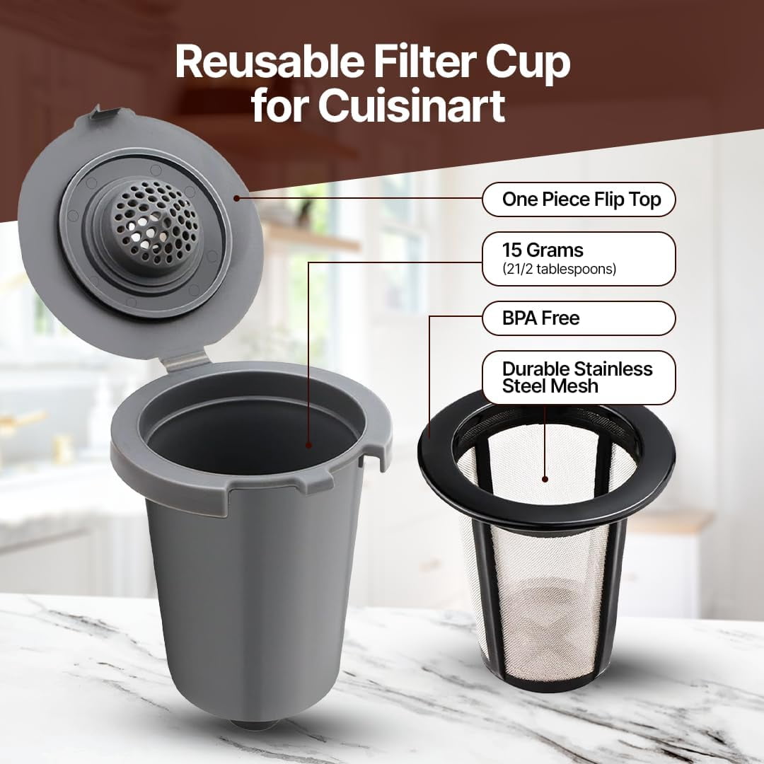 Lot De 2 Tasses Filtrantes Réutilisables Grises - Compatibles Cafetières Cuisinart Portion Unique - En Acier Inoxydable Et Plastique
