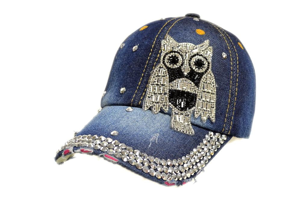 Women Men Owl Denim Rhinestone Bling 