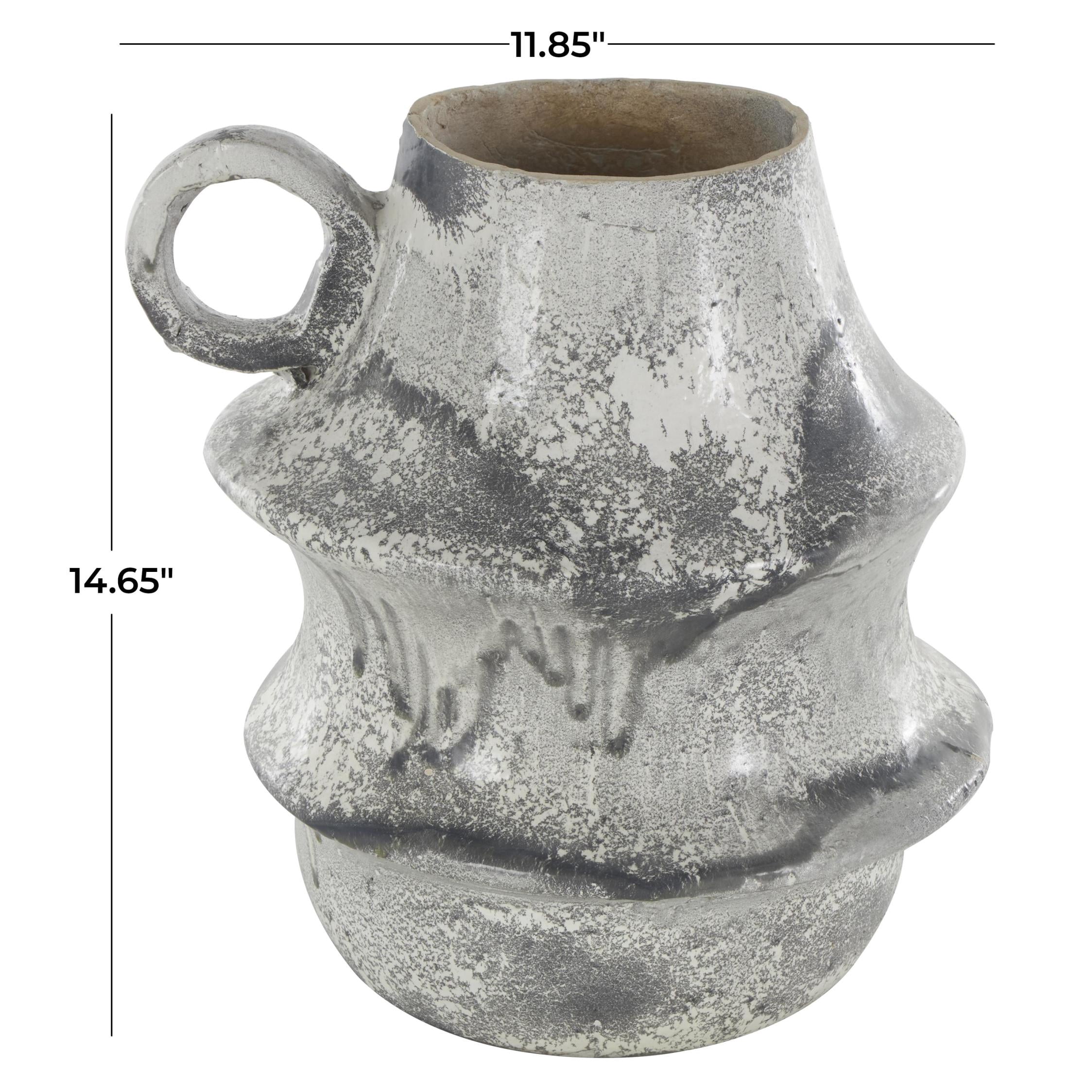 DecMode 15" Distressed Fluted Light Gray Paper Mache Vase with Light Gray Texturing and Ring Handle