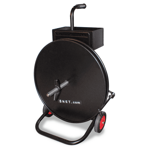 8 NET Black Heavy Duty Strapping Dispenser for Poly, Polyester and Steel Strapping, Deluxe Strapping Cart, Accepts Dia. Core 8 or 16