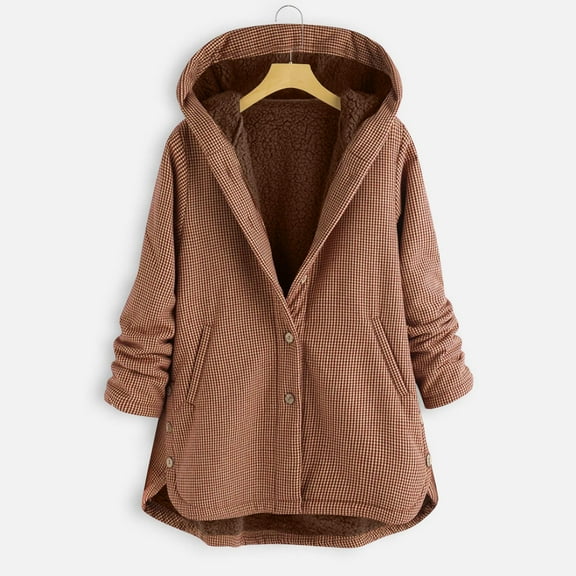 Fanxing Oversized Fleece Lined Jacket for Women Plus Size Plaid Sherpa Cozy Coats with Pockets Hooded Button Down Winter Outwear S
