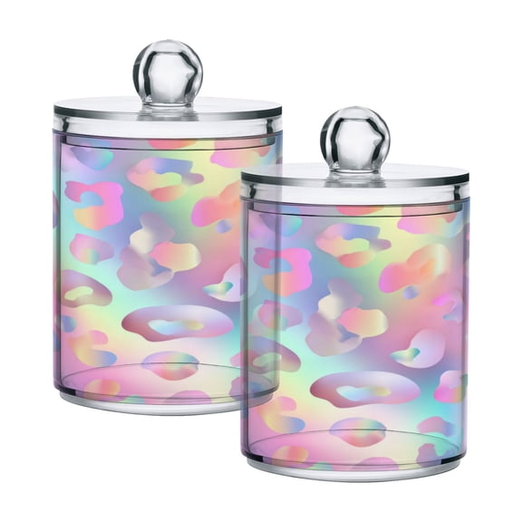 WOBOGO Colorful Leopard Print Transparent Plastic Jar 2pcs Cotton Swabs Balls Pads Floss Stick Dispenser Bathroom Vanity Storage Organizer