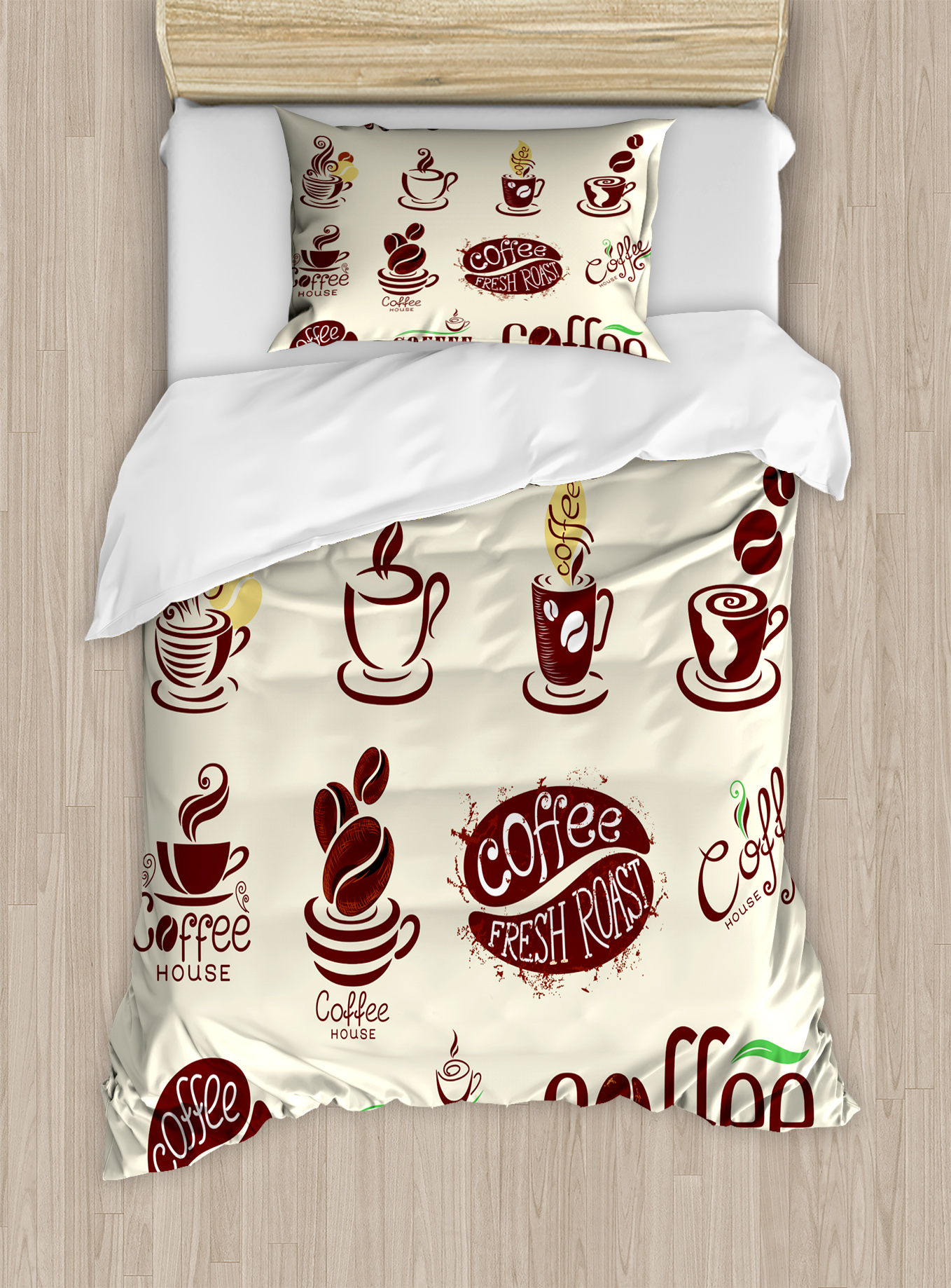 Coffee Twin Size Duvet Cover Set, Coffee House Pattern Abstract Set of
