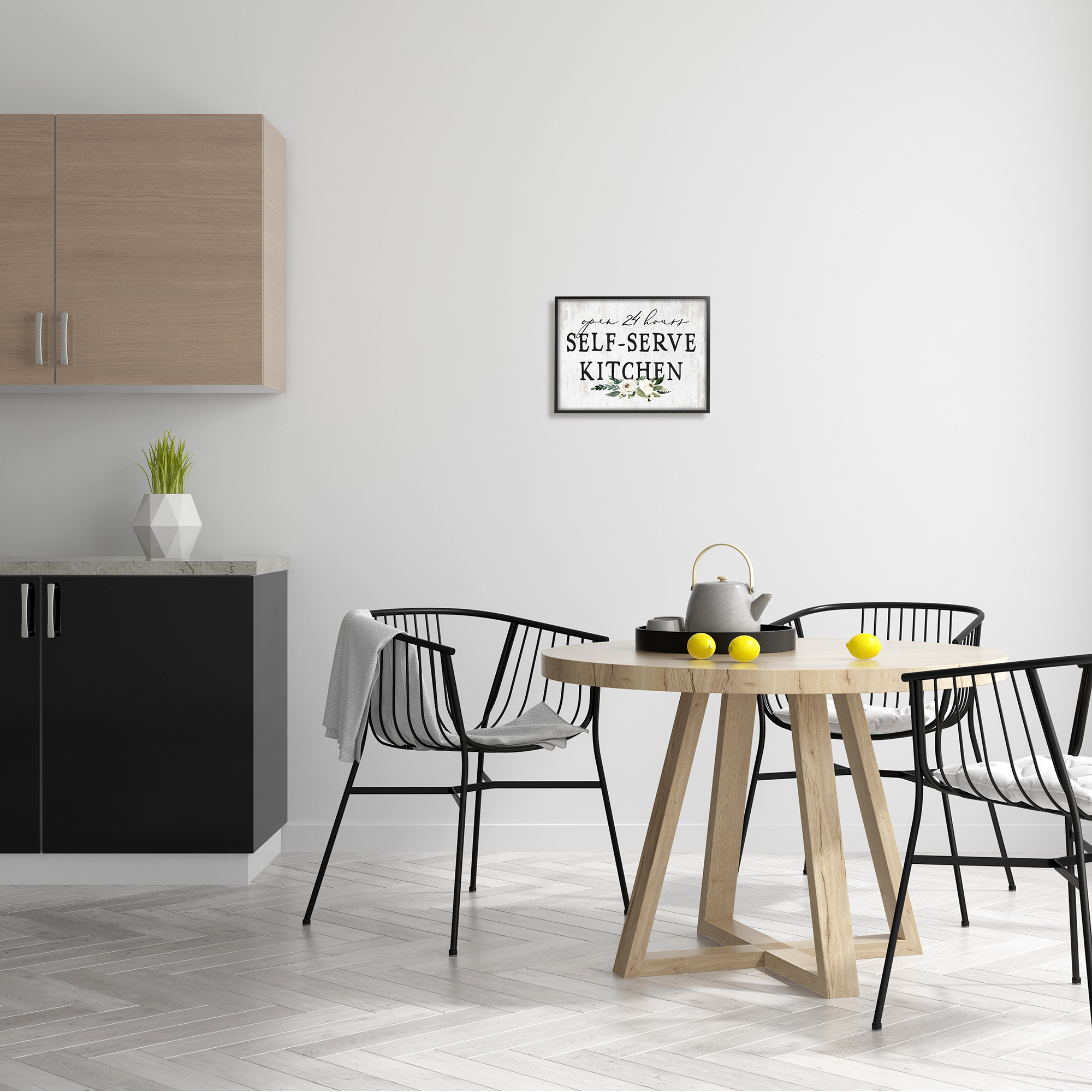 Stupell Industries Self-Serve Kitchen Sign White Flowers 24 Hours Graphic Art Black Framed Art Print Wall Art, 14x11, by Lettered and Lined