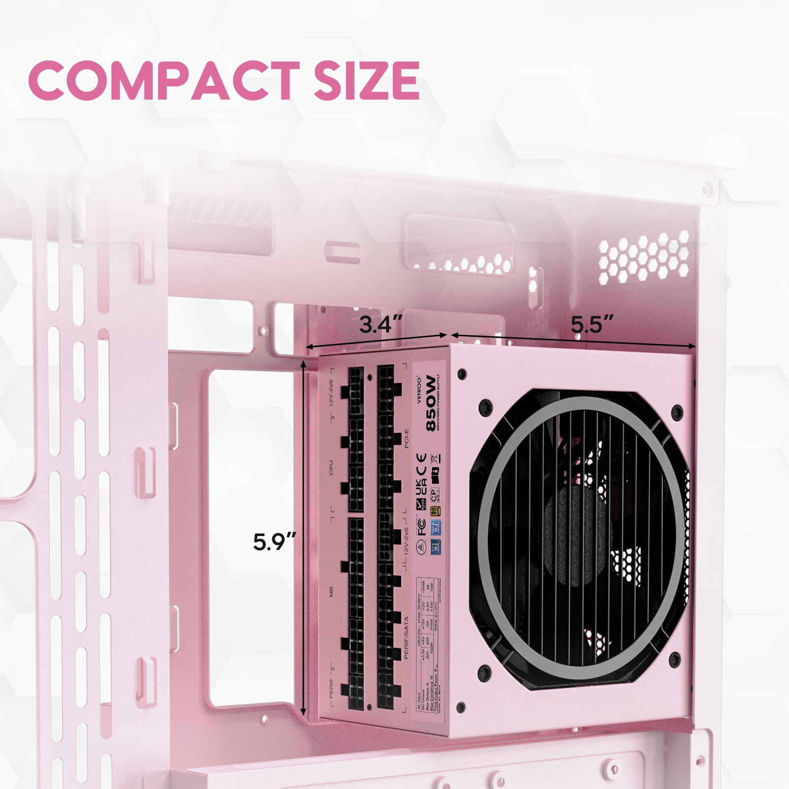 Vetroo 850W Power Supply Dual PCIe 5.1 ATX 3.1 Ready, 80 Plus Gold Full Modular, Quiet Operation with 120mm FDB Fan, 10-Year Warranty - Pink
