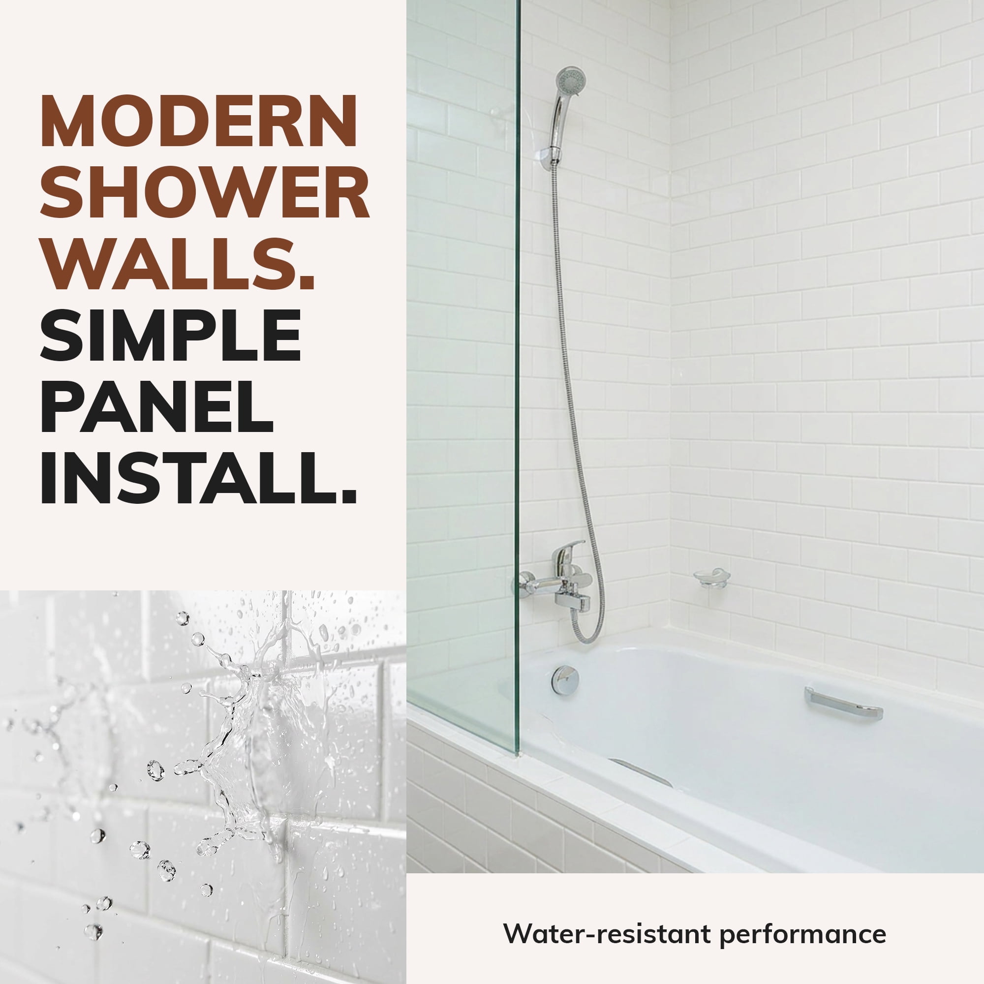 Subway Tile PVC Glue-up Tub and Shower Wall Panels Surround in Gloss White (96 Sq.ft) - 1 Piece