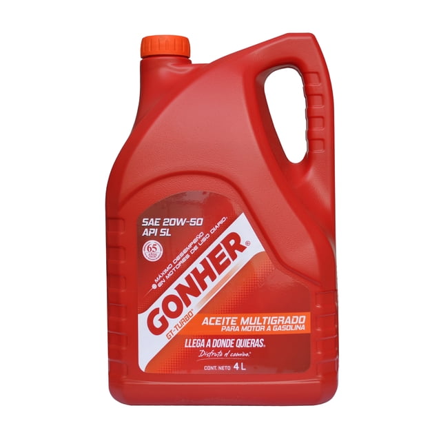 gonher aceite motor 20w50 mineral multigrado 1012753 gt-turbo 4 l bidón rojo de 4 L con asa integrada y tapa naranja; etiqueta frontal con logo GONHER, SAE 20W-50, API SL y texto "aceite multigrado para motor a gasolina", bidón en plano frontal sobre fondo blanco.