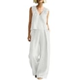 thumbnail image 3 of VBVC Women's V-Neck 2 Piece Pleated Set,Sleeveless Top and Wide Leg Pants For Women, Ladies' Breathable Summer Loungewear With Pockets,White,S-3XL, 3 of 9