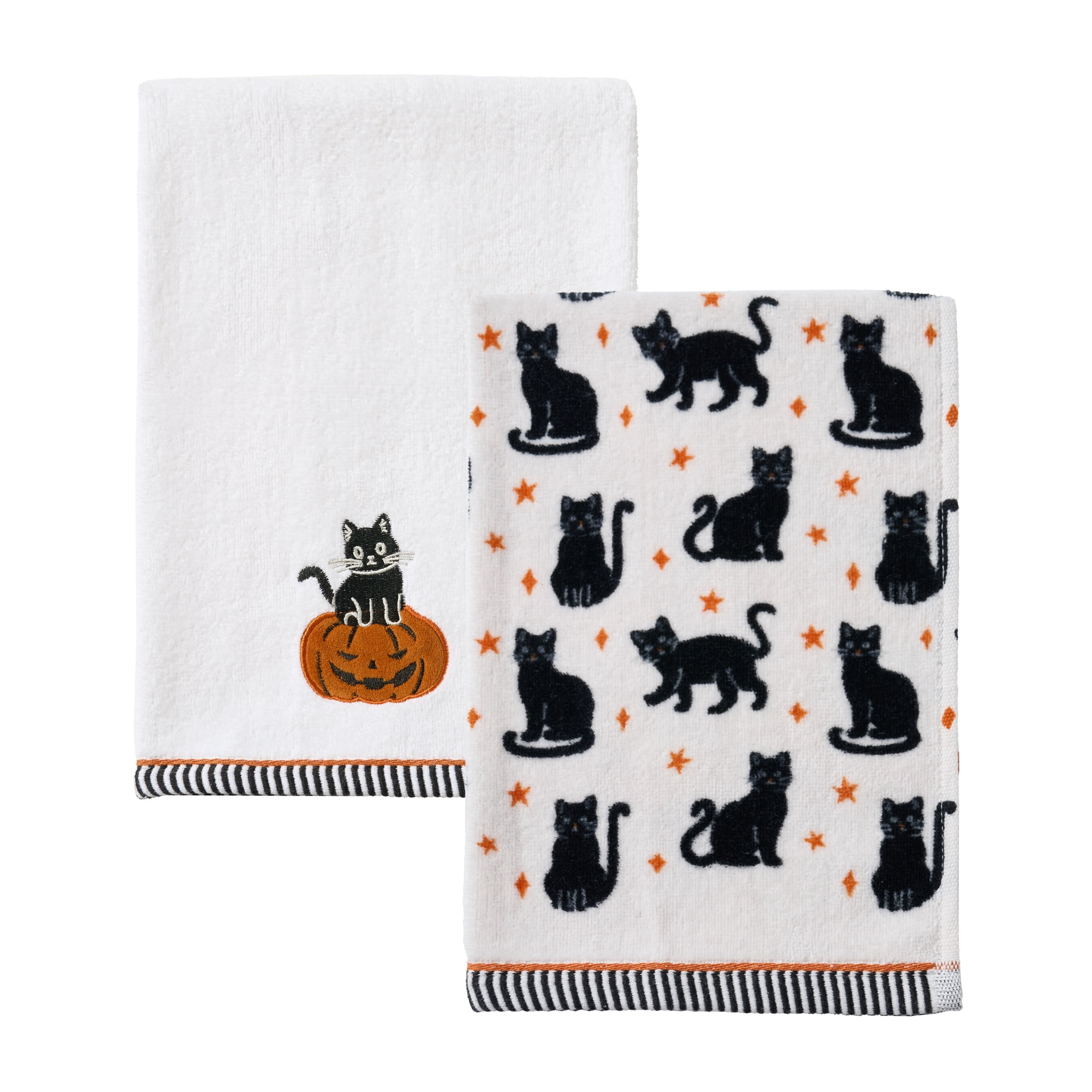 Evergrace Halloween 2 Piece Hand Towel Set, 100% Cotton, Cat, White 16"x26"