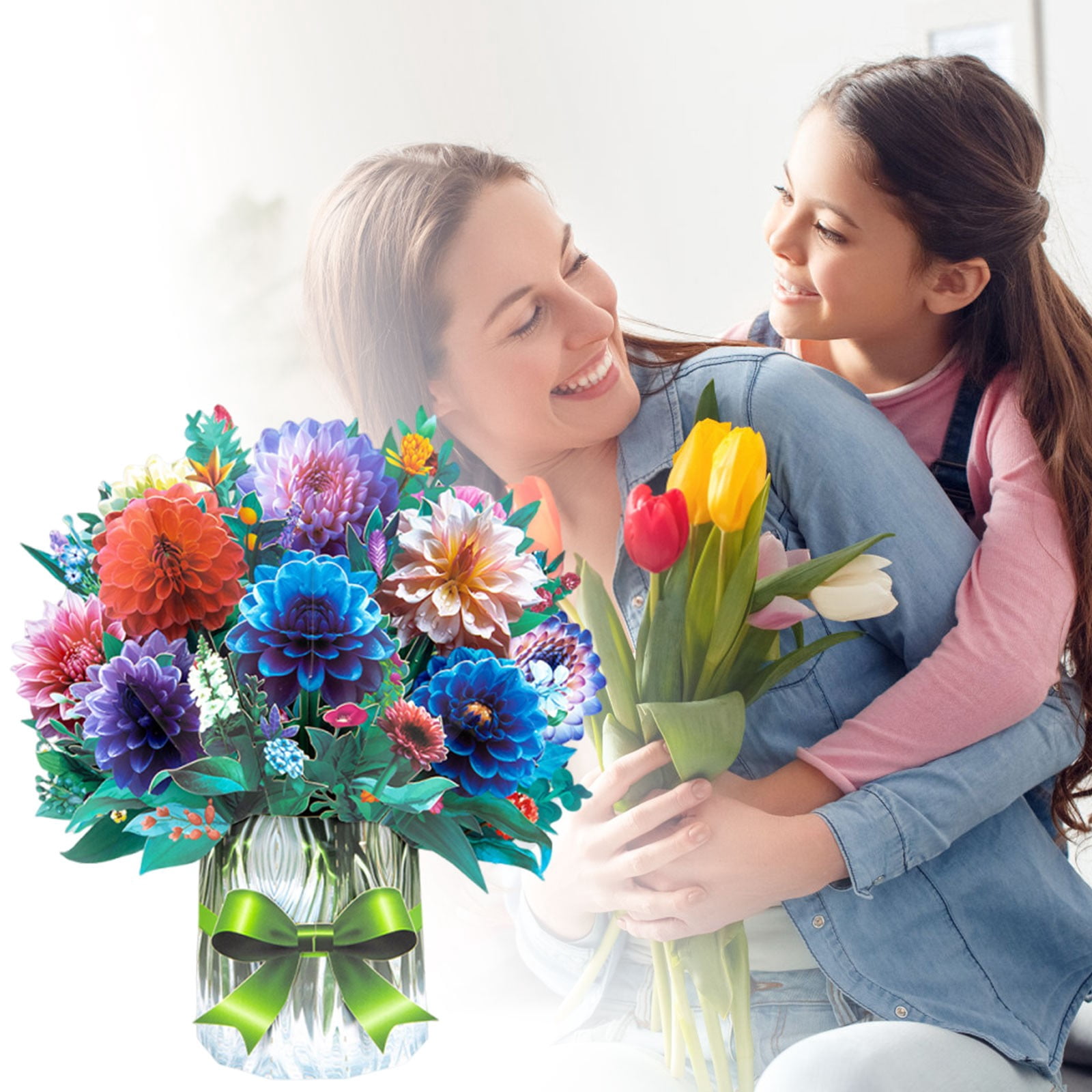 Mother's Day Bouquet 3D Greeting Card, Mother's Day Bouquet Large 3D Cards Set, Handmade Greeting Card, Assorted Floral Vase Foldable Handmade Cards for Tabletop Display & Gifting 1Pcs