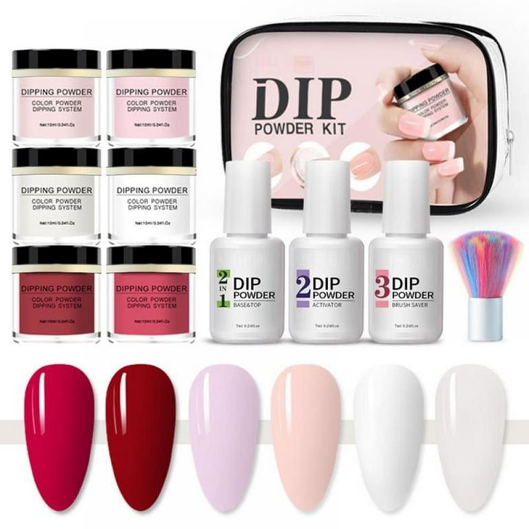 Nail Powder Kit 6 Colors 10ml Dipping Powder System Acrylic Dip Nails Powder Starter Kit With Base Top Coat Nail Manicure All In One Kit