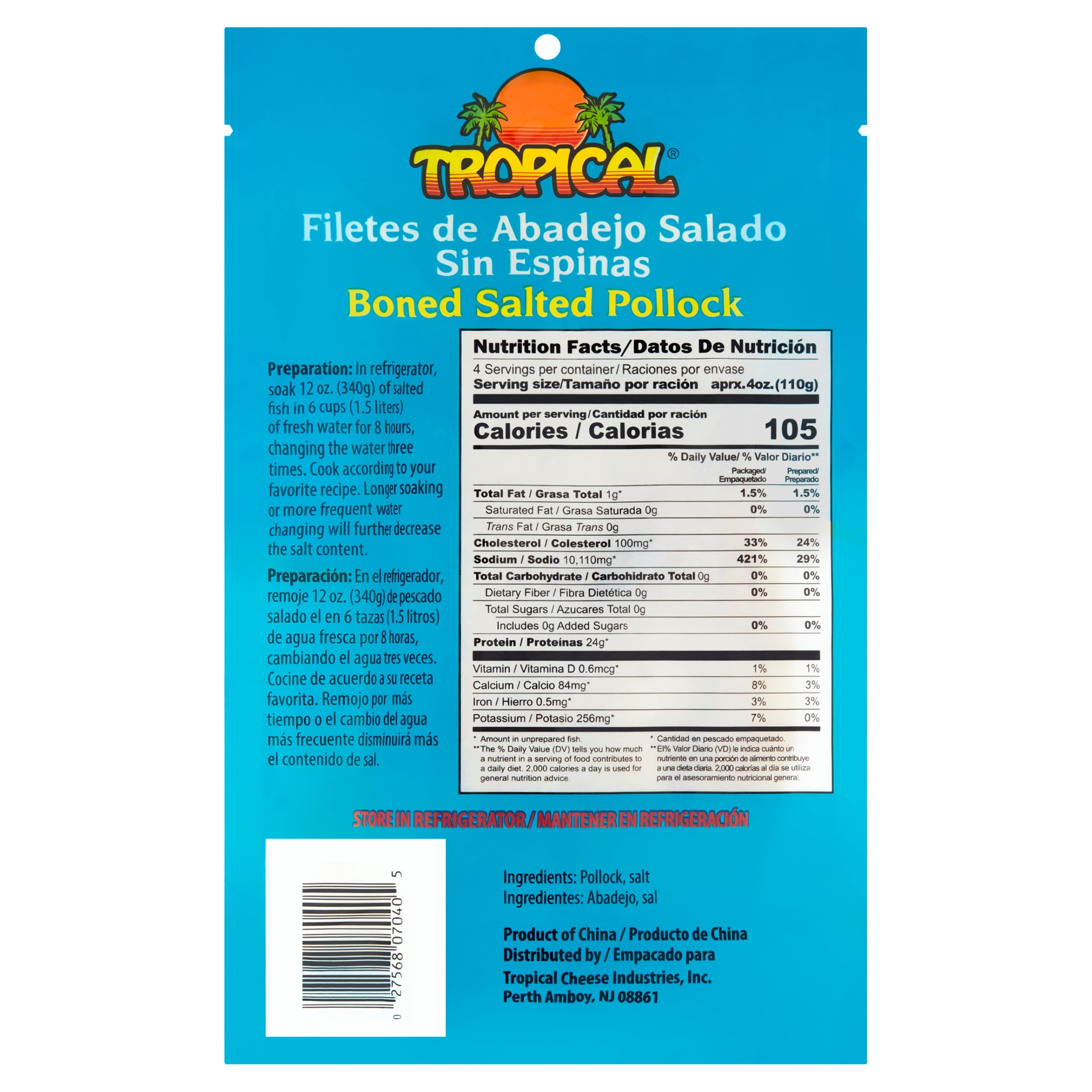 Tropical Boned Salted Pollock Fillets 12oz, Wild Caught, Bag