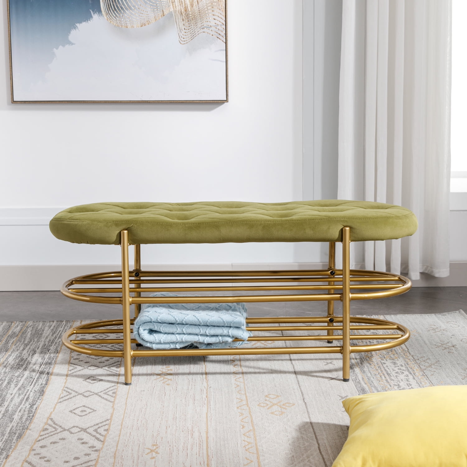 Kadyn Upholstered Velvet Beach, End of Bed Bench with 2 Shelf, Storage Beach for Living Room, Entrance, Olive Green