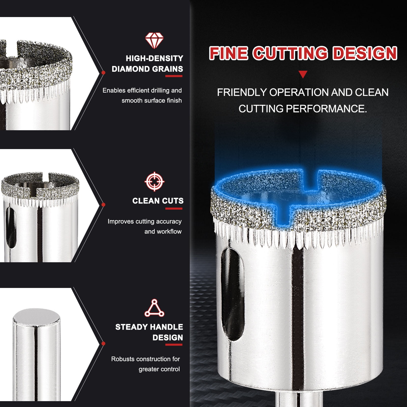 19-45mm Diamond Hole Saw Set, 3/4" - 1-3/4" Diamond Hollow Core Drill Bit Hole Cutters for Fiberglass Tile Ceramic - 5Pcs(50/60 Mesh)