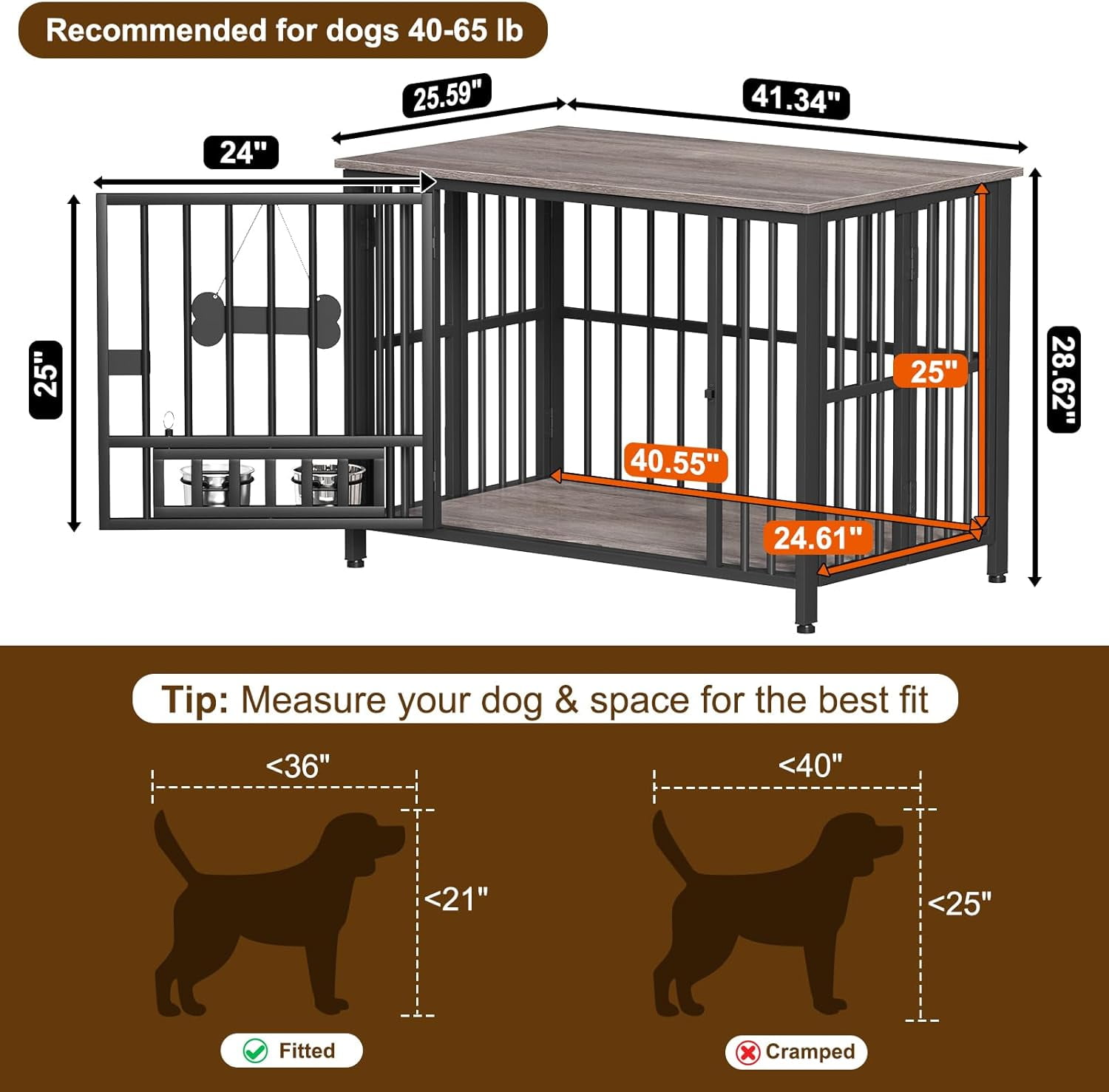 POAO 41"Dog Crate Furniture Foldable,No Assembly Dog Kennel Indoor for Large Dog(40-65 lbs),Dog Cage with Adjustable Bowls &Name Tag,End Table