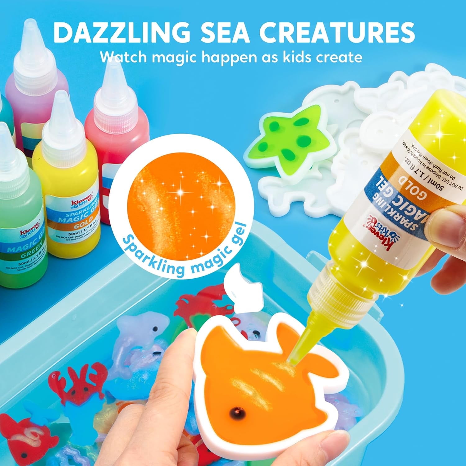Joyfy  Magic Water Elf Toy Kit, Aqua Fairy Water Toy with 10 Magic Gels, 12 Sea Creature Molds, Creativity DIY Craft Christmas Birthday Gift for Kids Age 3+