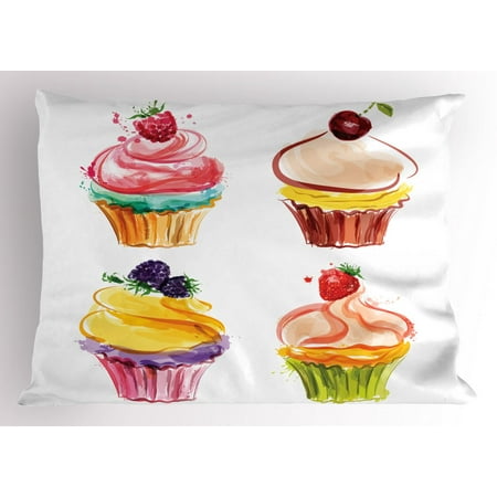 Cupcake Pillow Sham Pastel Toned Watercolor Bakery Goods With Yummy Fresh Fruit Flavored Paintbrush Art Decorative Standard Queen Size Printed Cupcake Pillow Sham Pastel Toned Watercolor Bakery Goods With Yummy Fresh Fruit Flavored Paintbrush Art Decorative Standard Queen Size Printed