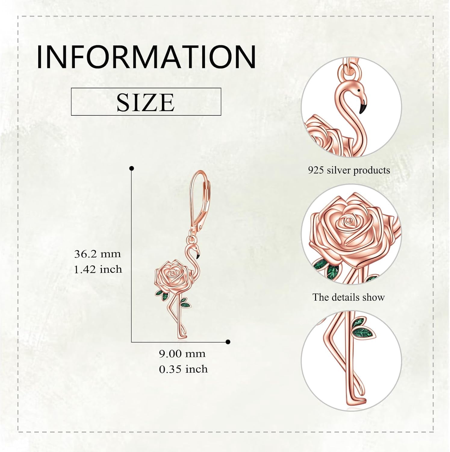 Flamingo Earrings Sterling Silver Flamingo Rose Flower Dangle Dangly Drop Charm Leverback Earrings Bird Jewelry Gifts for Women