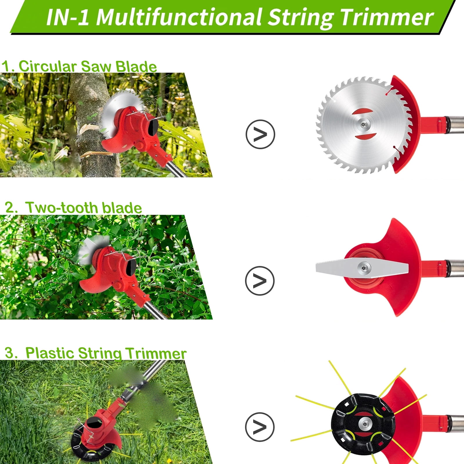 SUSUZI 21V Cordless Weed Wacker, 10in 3-in-1 Grass Trimmer with Adjustable Length & 3 Blades for Lawn & Garden, Red Black