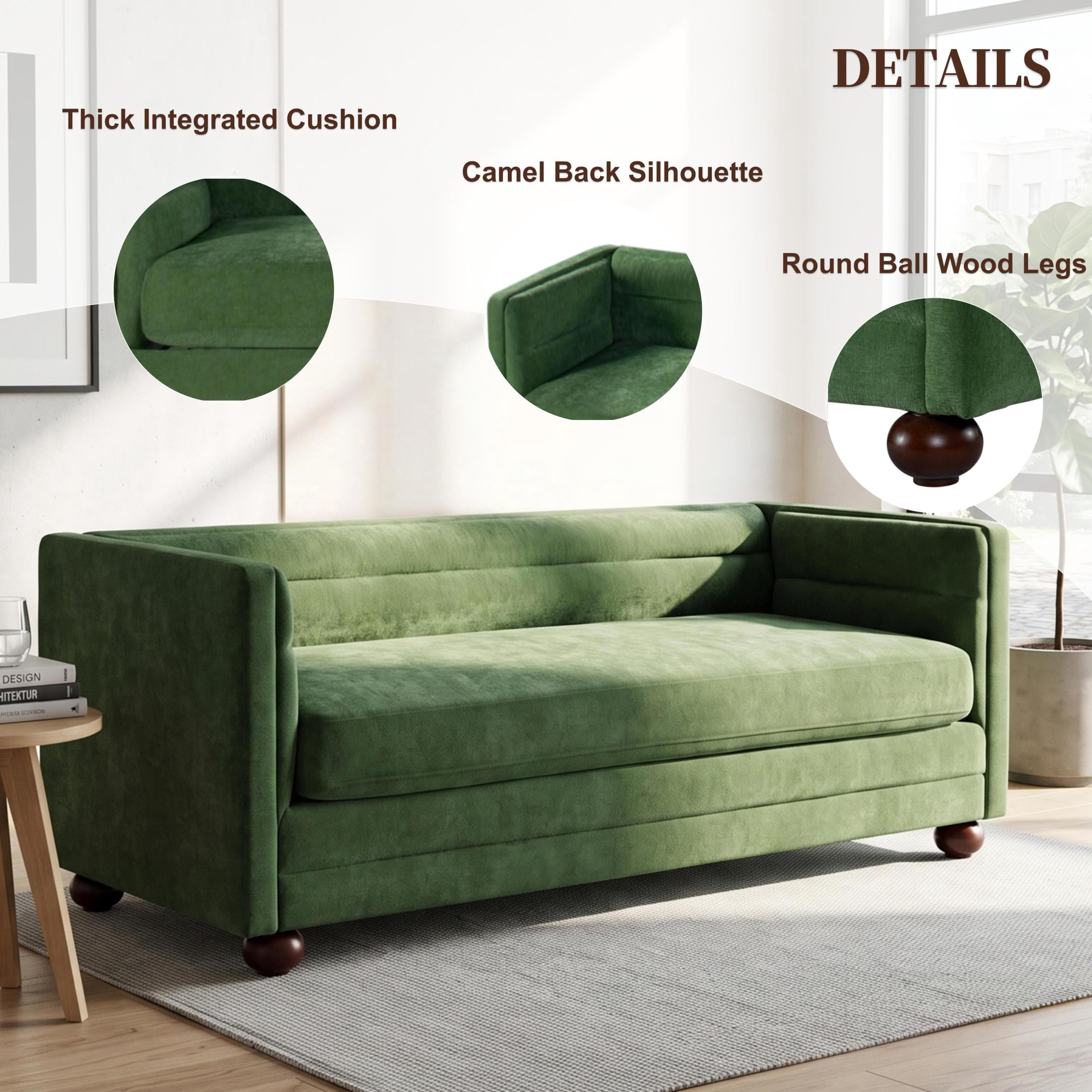 Christopher Knight Home 77.2" Modern Chenille Sofa Couch with Square Arms, 3 Seats, Wood Legs, Green