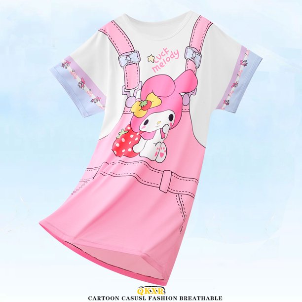 Pijamas infantiles de verano para niñas, lindos pijamas de manga corta con cuello redondo de dibujos animados, ropa de hogar holgada y delgada para niñas de talla mediana y niños mayores